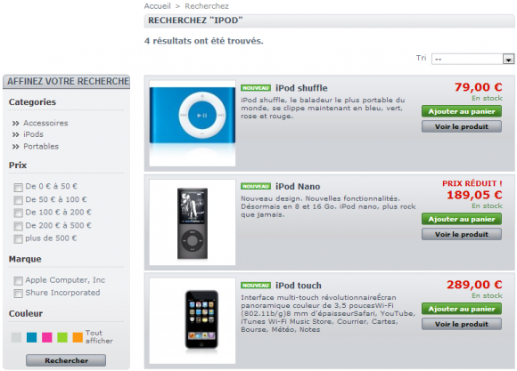 Page des résultats de recherche PrestaShop, navigation à facettes en colonne de gauche